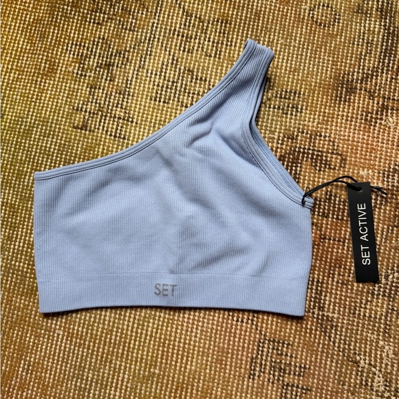 BNWT SET Active Ribbed One-Shoulder Top in Blue Lagoon - Picture 2 of 7